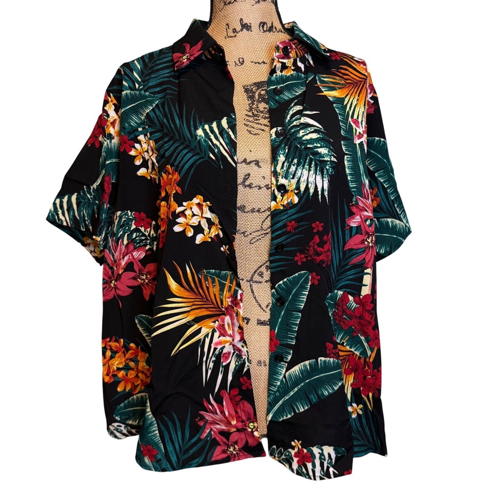 NWT SHEIN VCAY‎ Tropical Floral Button Up Shirt Black Palm Leaf Plus Size 1XL